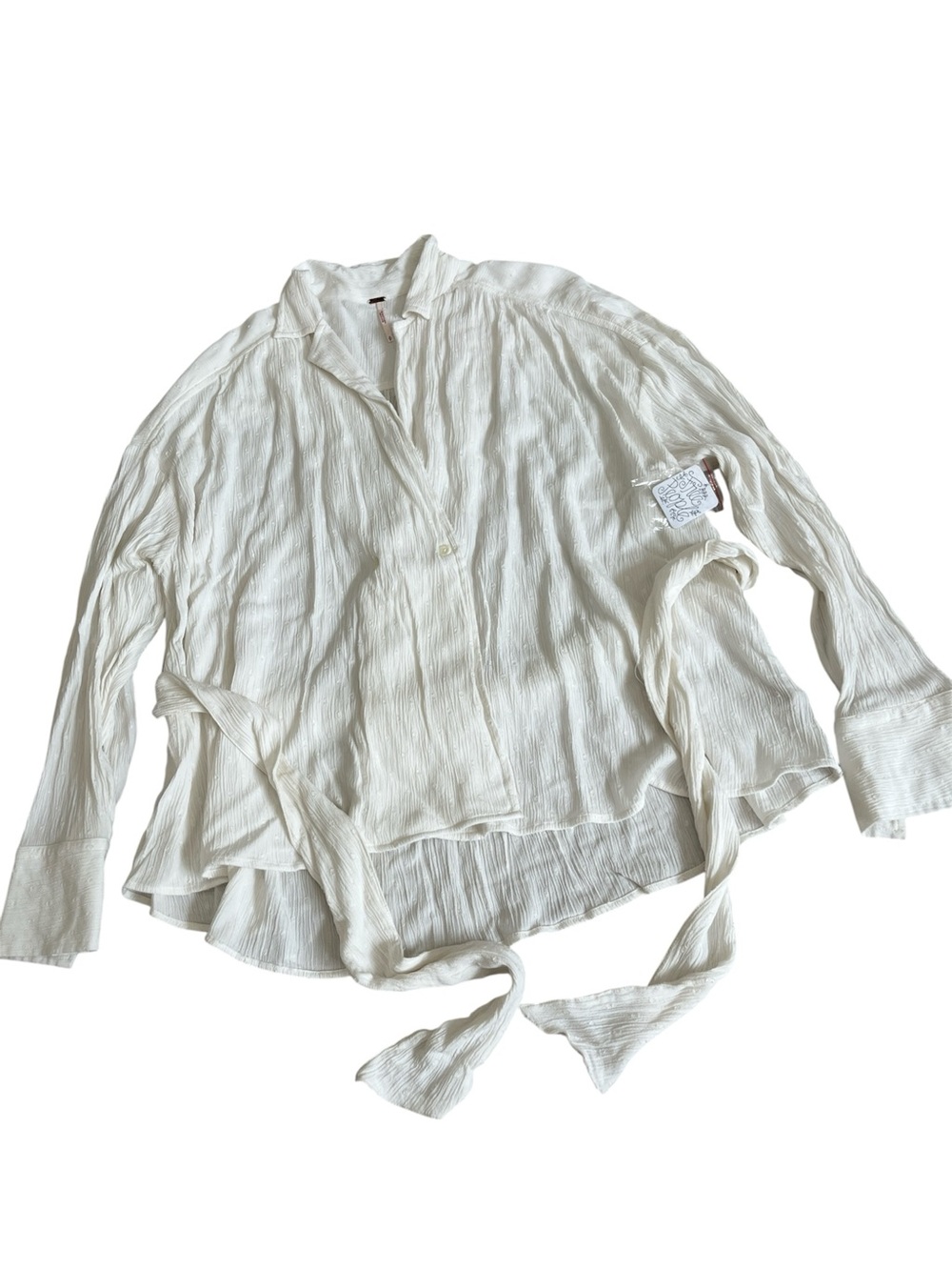 Free People Ivory Crinkle Button Down Blouse Top Tie Sash Oversized Women S NWT